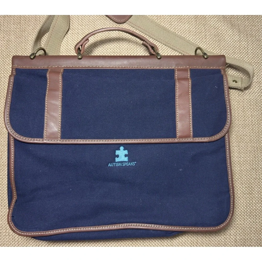 Tommy Hilfiger Navy Canvas‎ Double Flap Over Messenger Bag Leather Business Case